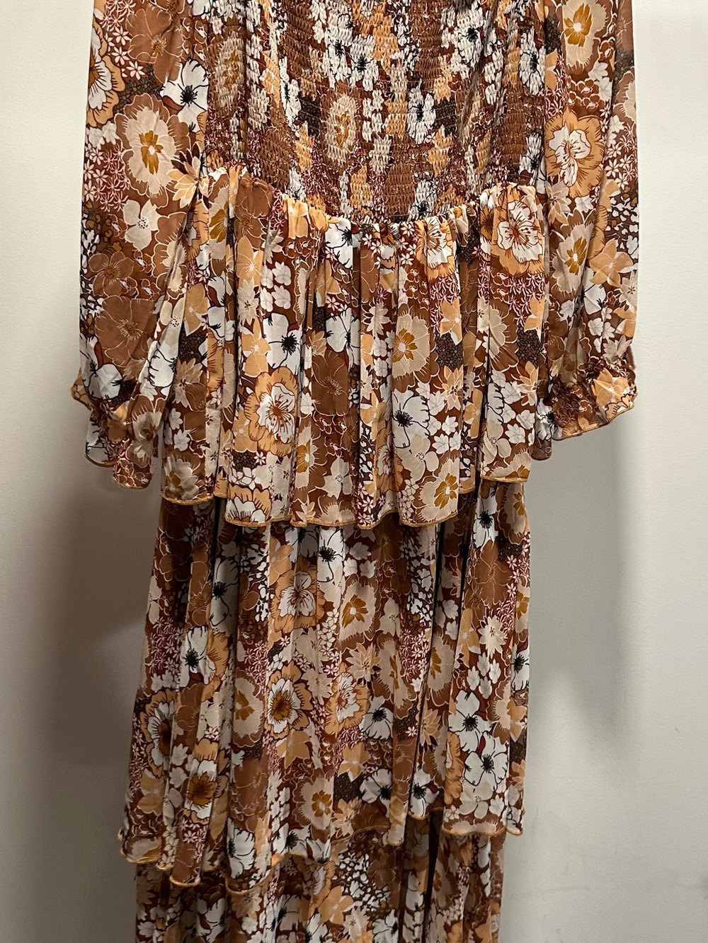 Women’s Boho Tiered Floral Maxi Dress in Warm Brown and Cream